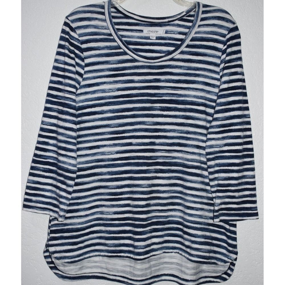 Chicos 2/Large Pullover Shaded Blue White Stripe 3/4 sleeve Coastal Beachy Top